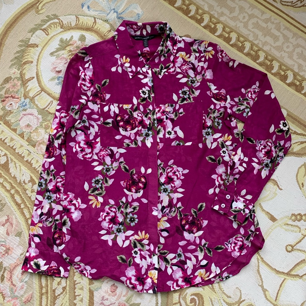 White House Black Market Floral Print Blouse silk cotton